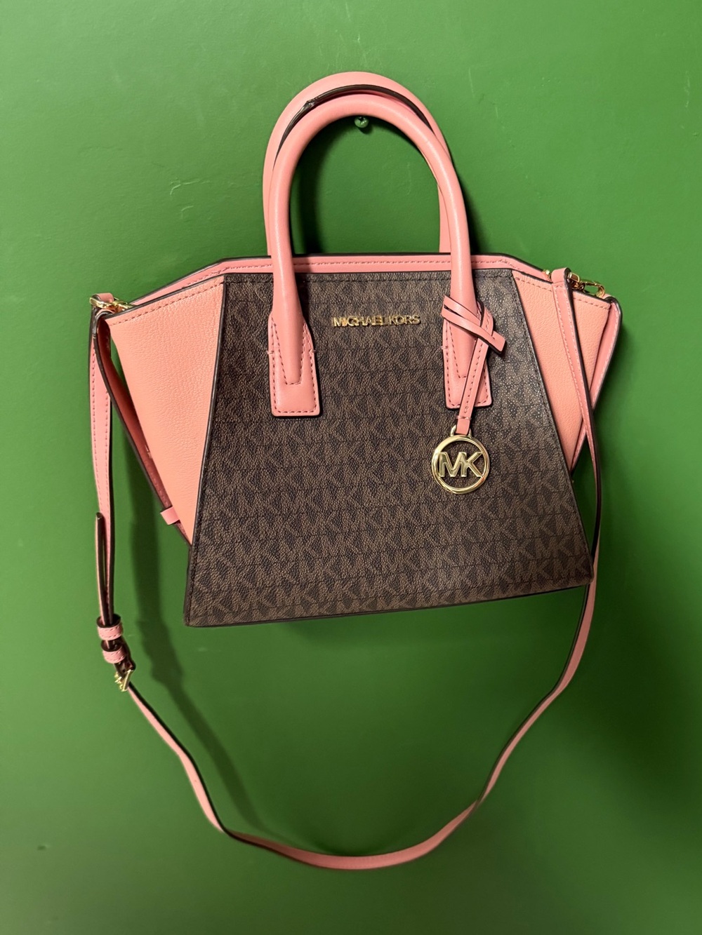 Michael Kors Brown MK Logo Satchel with Pink Trim